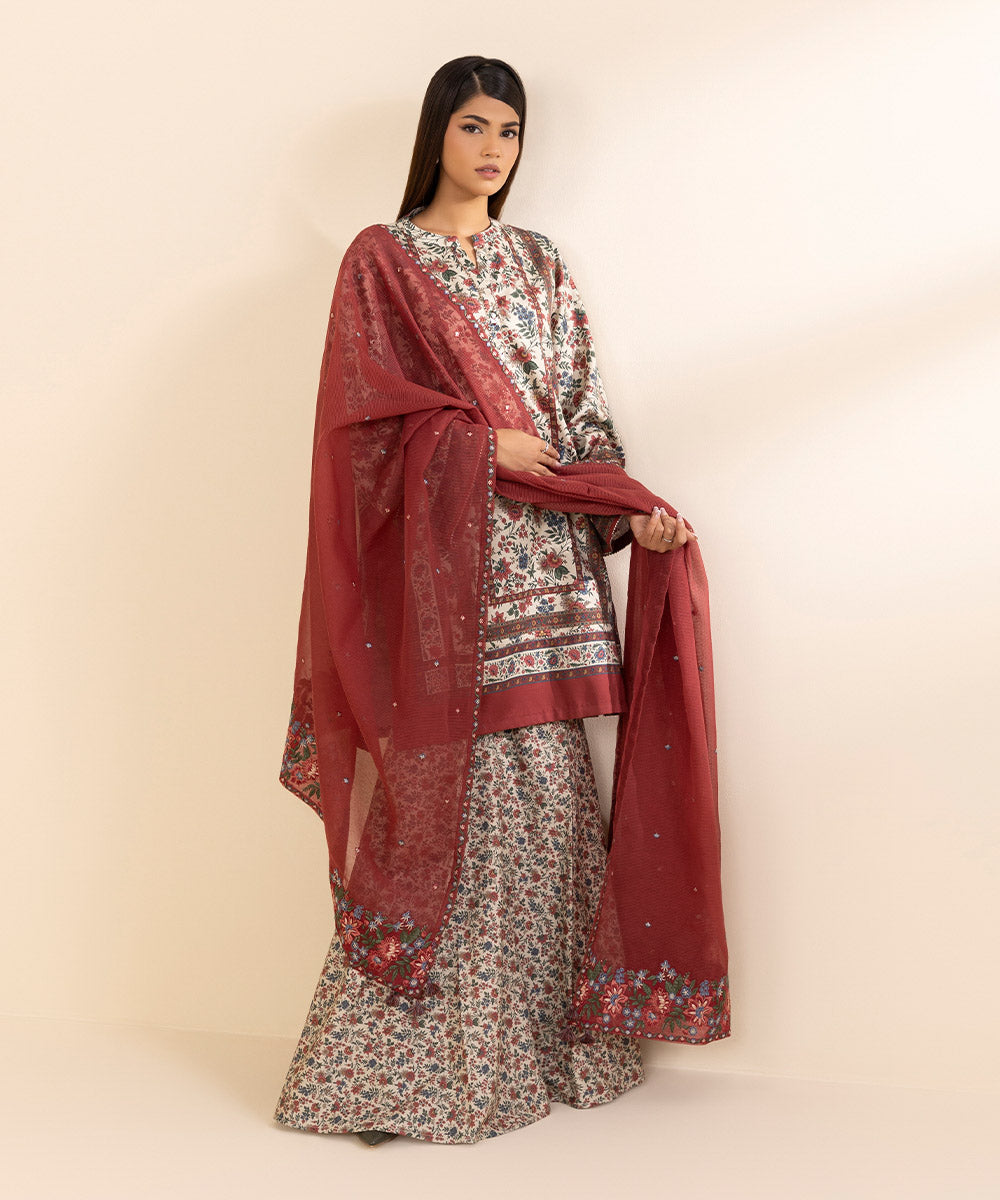 Women's Unstitched Fine Cotton Satin Embroidered Multi 3 Piece Suit