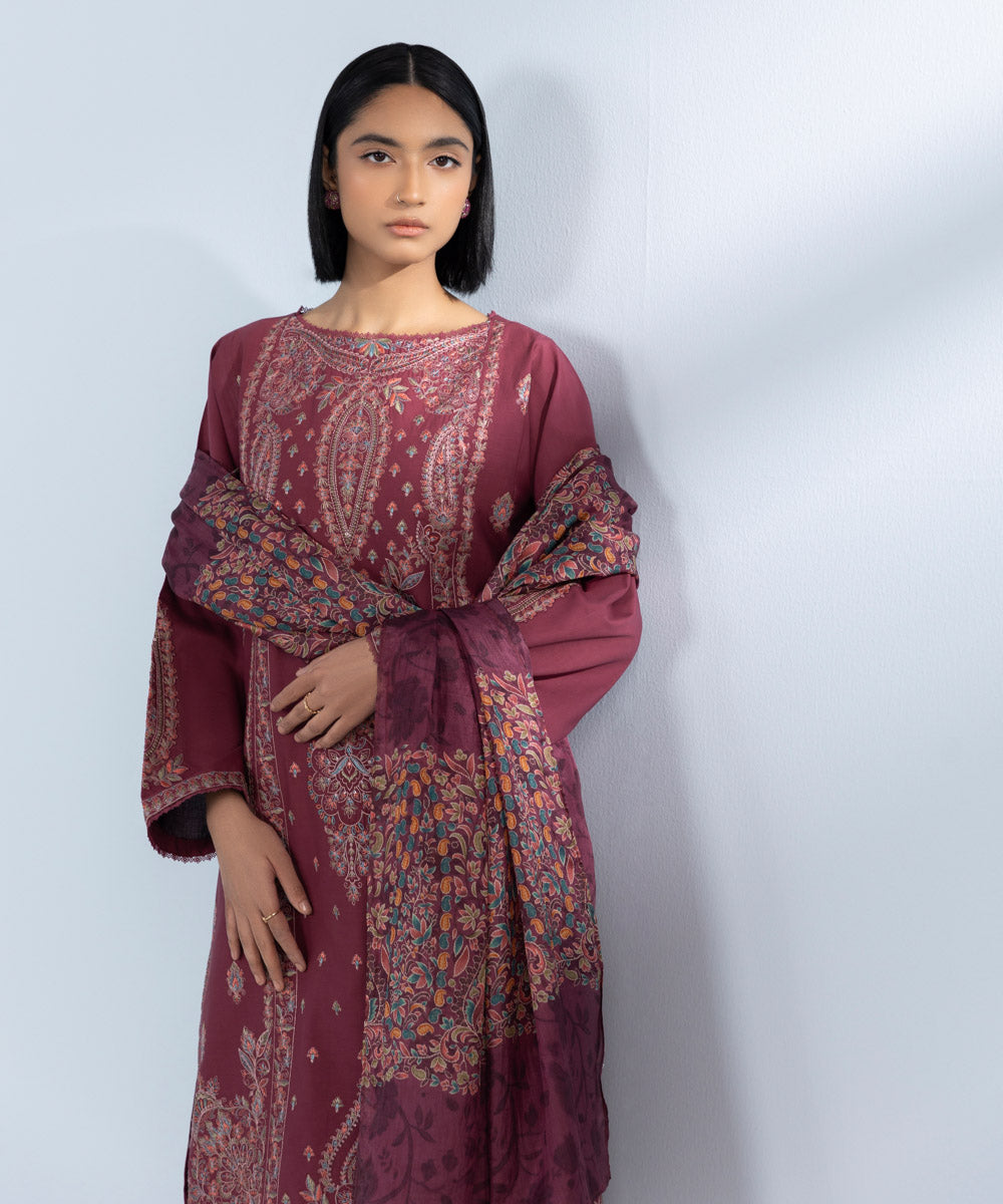 Women's Unstitched Light Cotton Satin Embroidered maroon 3 Piece Suit