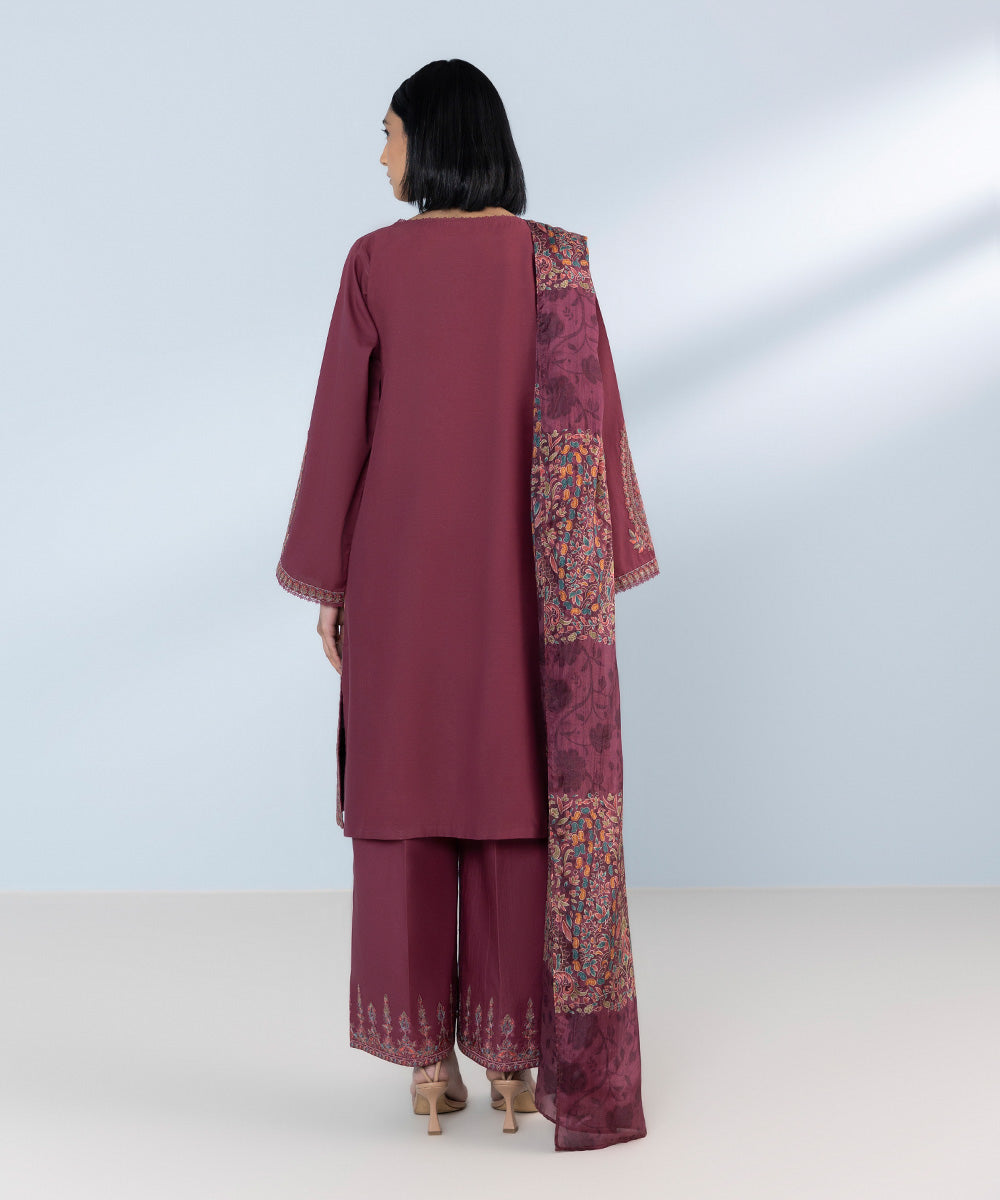 Women's Unstitched Light Cotton Satin Embroidered maroon 3 Piece Suit