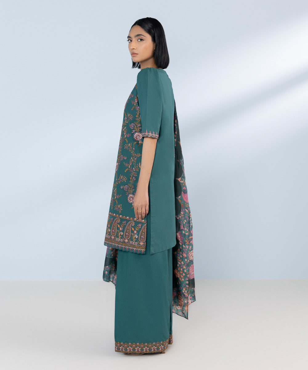 Women's Unstitched Light Cotton Satin Embroidered green 3 Piece Suit