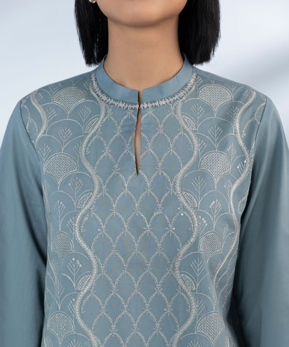 Women's Unstitched Pima Lawn Embroidered Grey Blue 3 Piece Suit