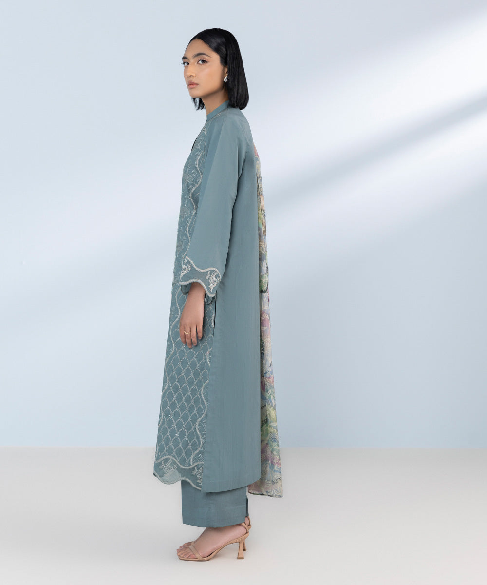 Women's Unstitched Pima Lawn Embroidered Grey Blue 3 Piece Suit