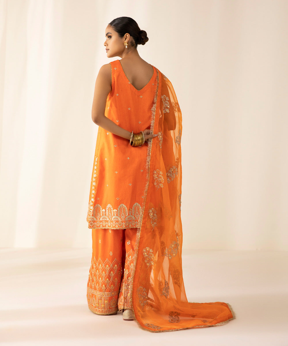Festive Women's Unstitched Raw Silk Orange 3 Piece Suit