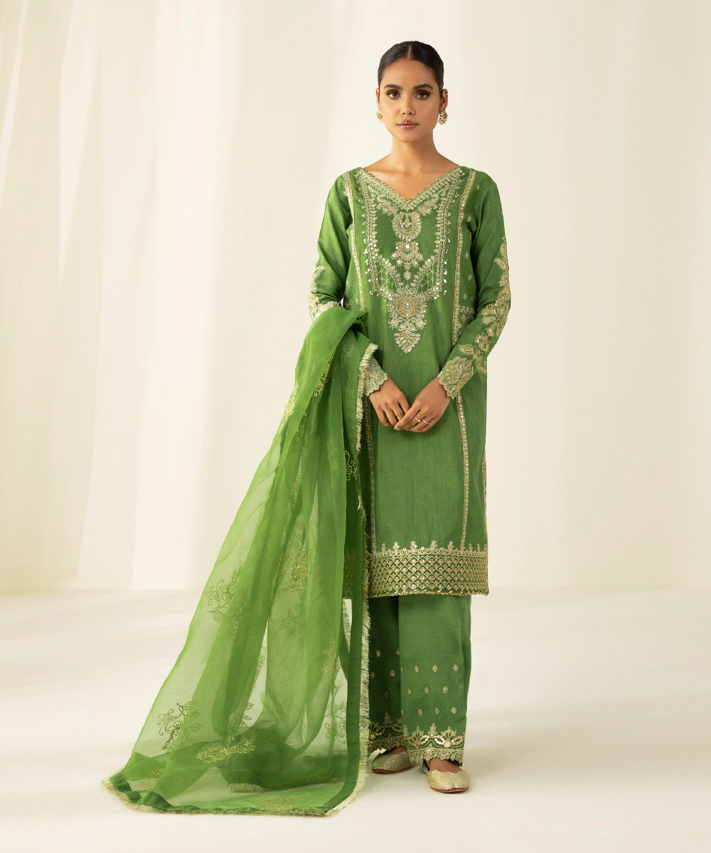 Festive Women's Unstitched Raw Silk Green 3 Piece Suit
