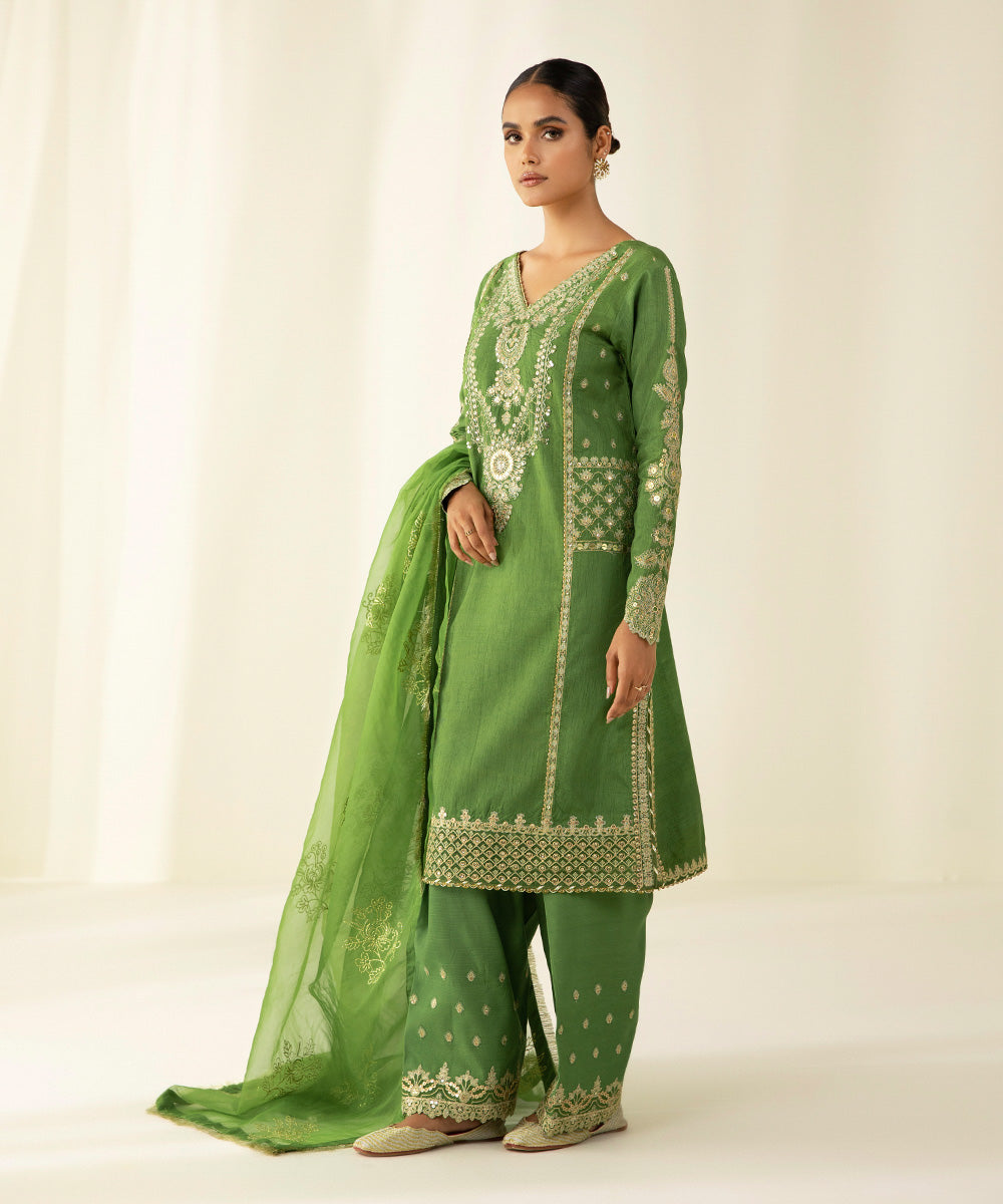 Festive Women's Unstitched Raw Silk Green 3 Piece Suit
