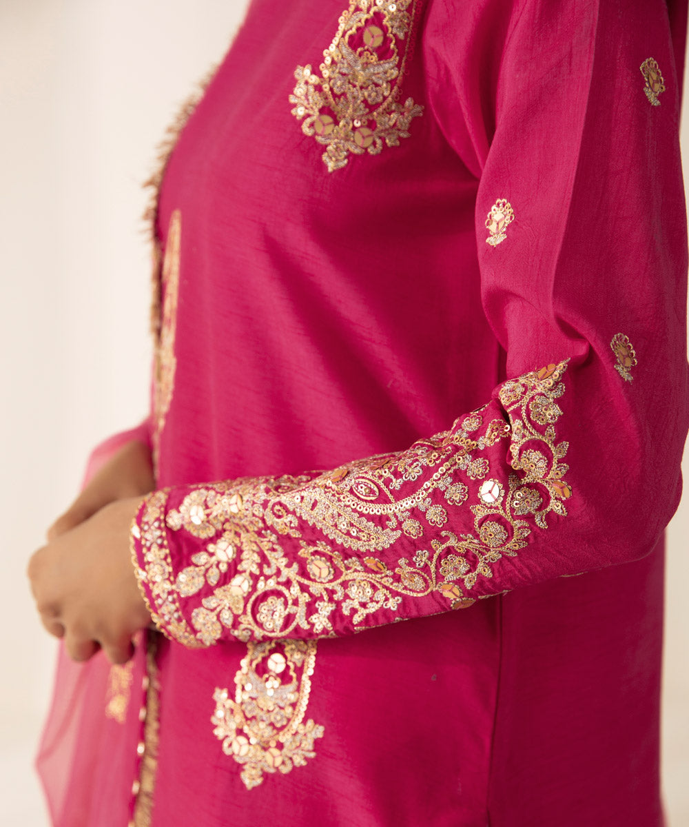 Festive Women's Unstitched Raw Silk Pink 3 Piece Suit