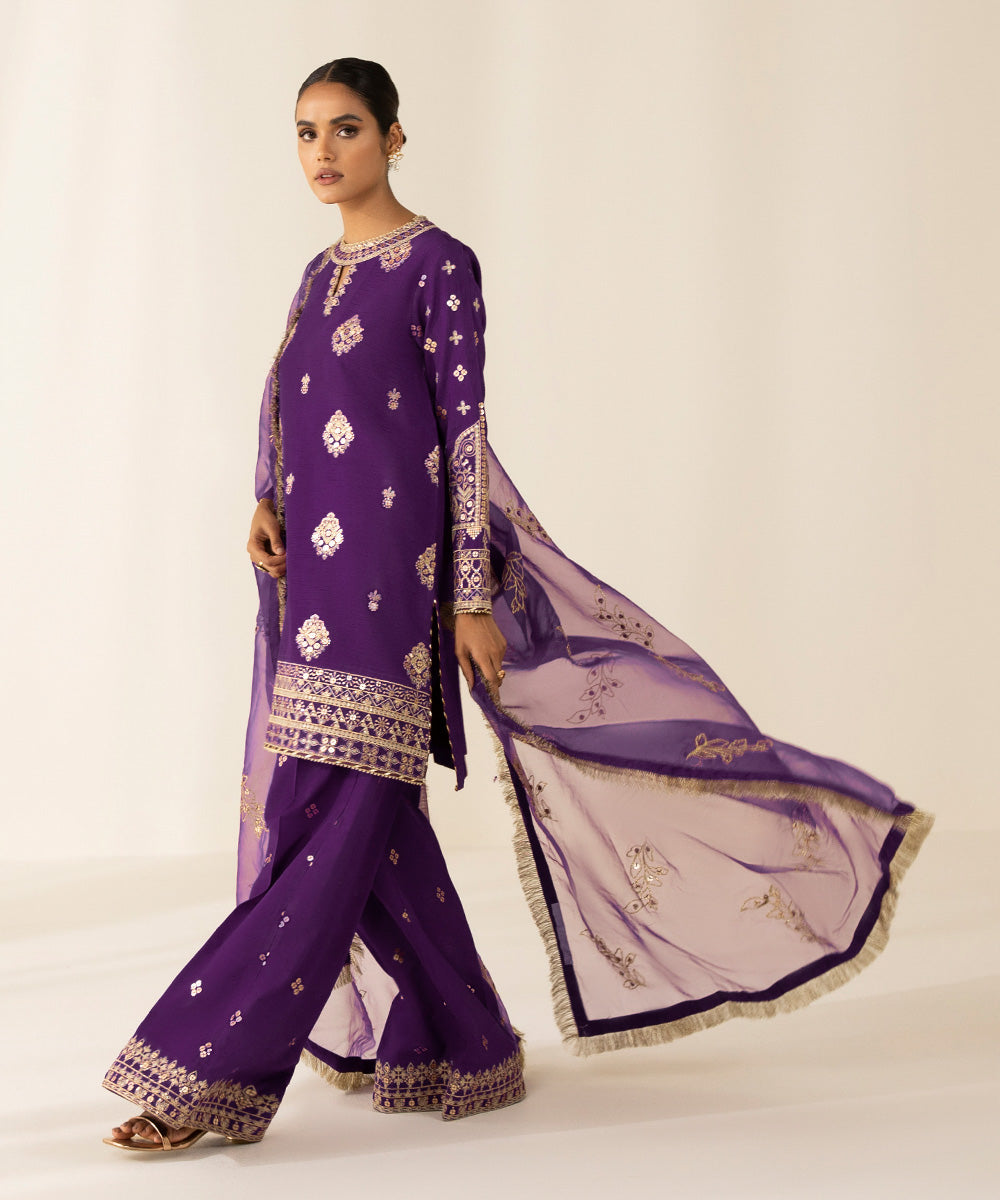 Festive Women's Unstitched Raw Silk Purple 3 Piece Suit