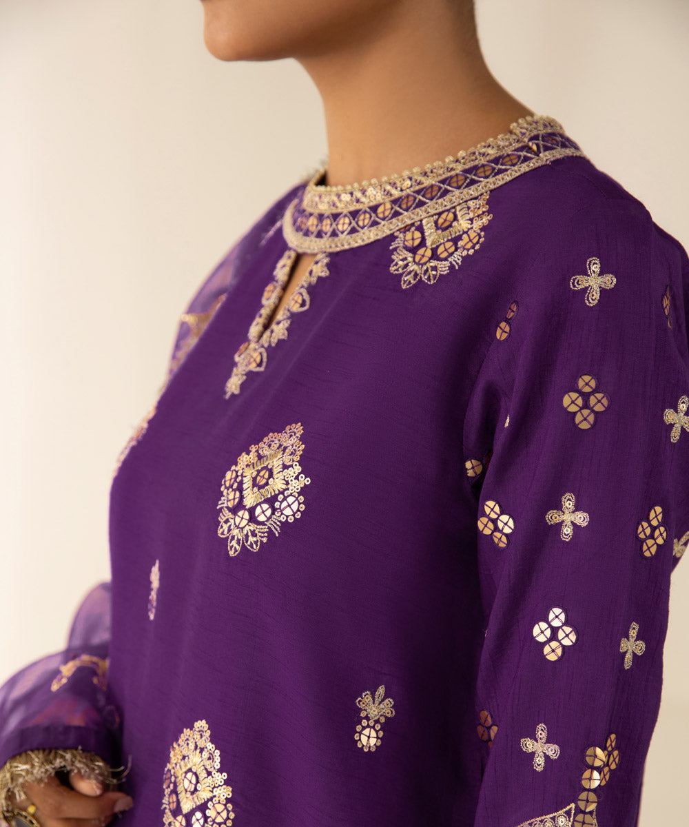 Festive Women's Unstitched Raw Silk Purple 3 Piece Suit
