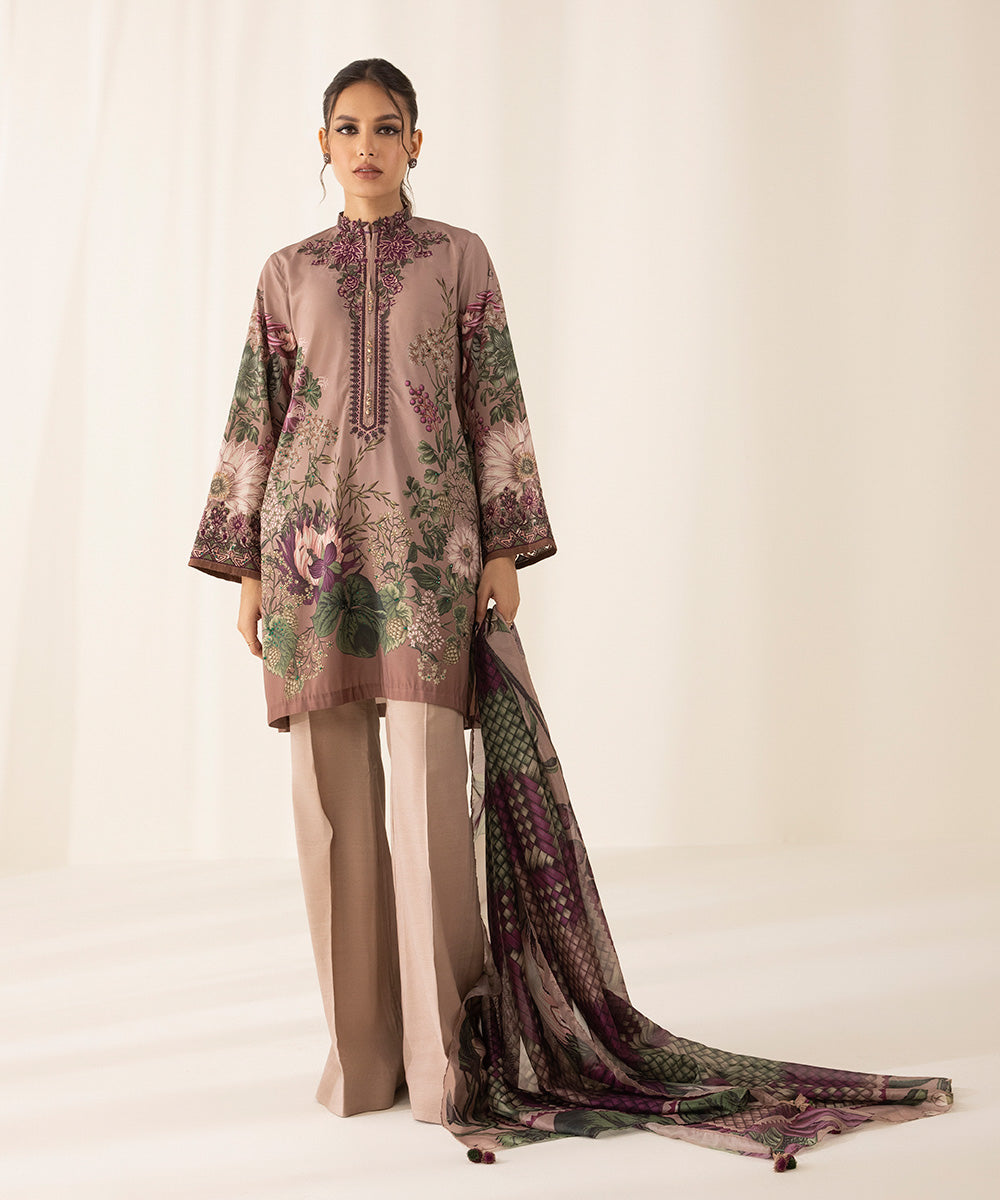 Festive Women's Unstitched Poly Satin Purple 3 Piece Suit