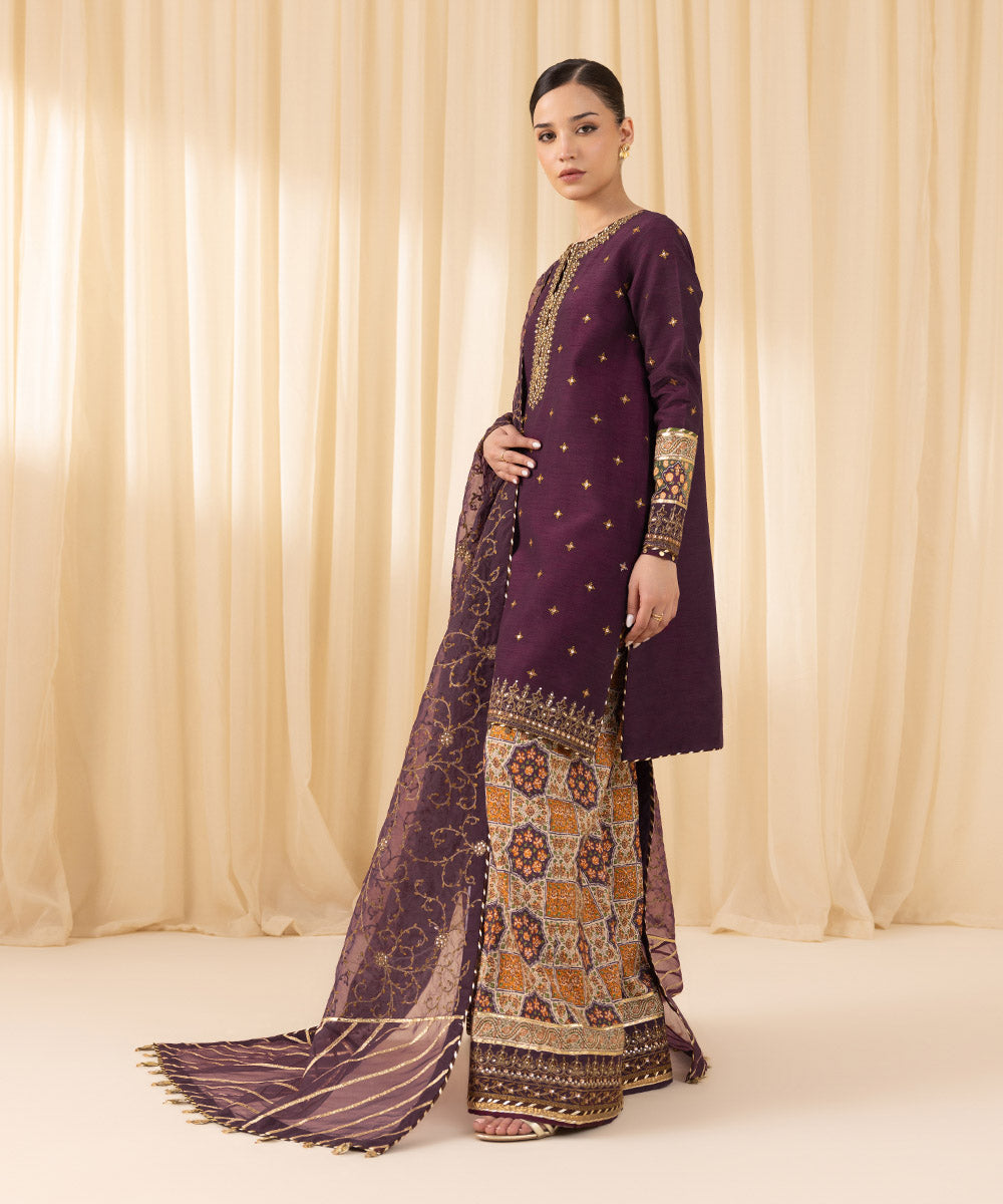 Women's Unstitched Embroidered Viscose Raw Silk Purple 3 Piece Suit