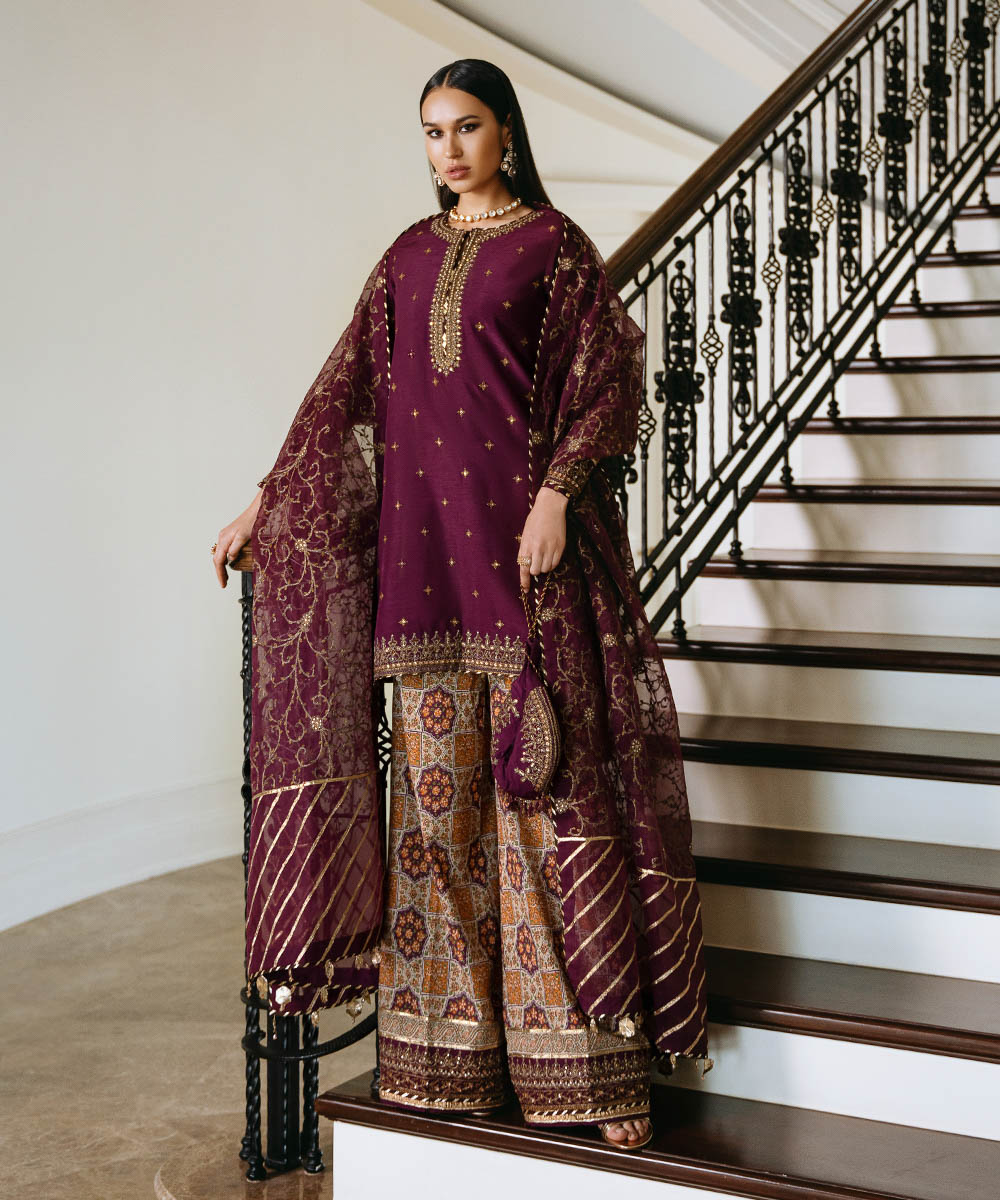 Women's Unstitched Embroidered Viscose Raw Silk Purple 3 Piece Suit