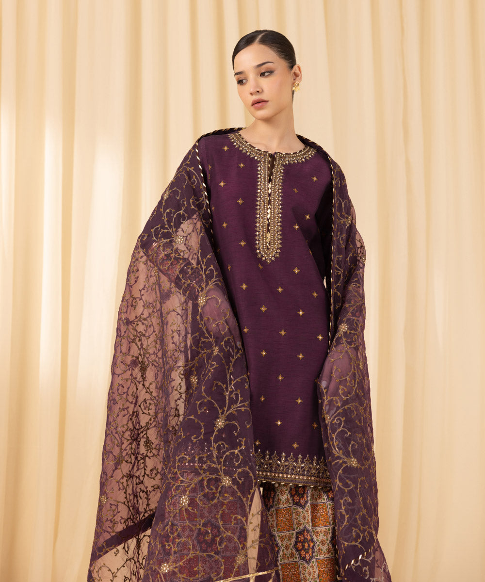 Women's Unstitched Embroidered Viscose Raw Silk Purple 3 Piece Suit