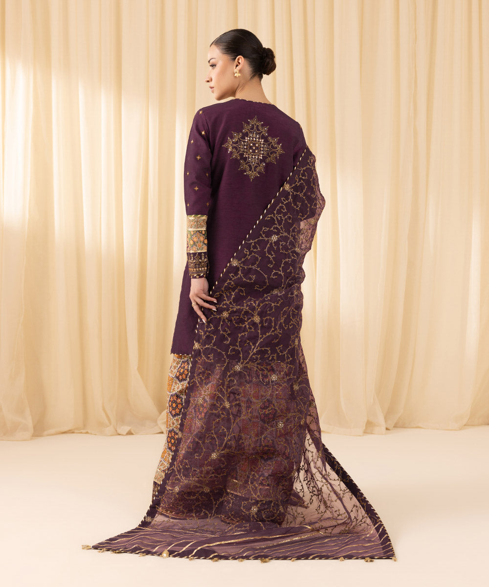 Women's Unstitched Embroidered Viscose Raw Silk Purple 3 Piece Suit