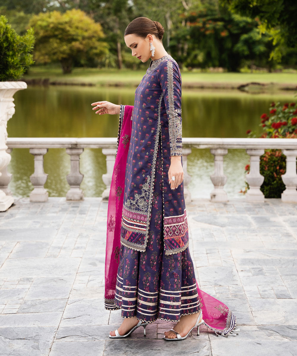 Women's Unstitched Embroidered Viscose Raw Silk Multi 3 Piece Suit