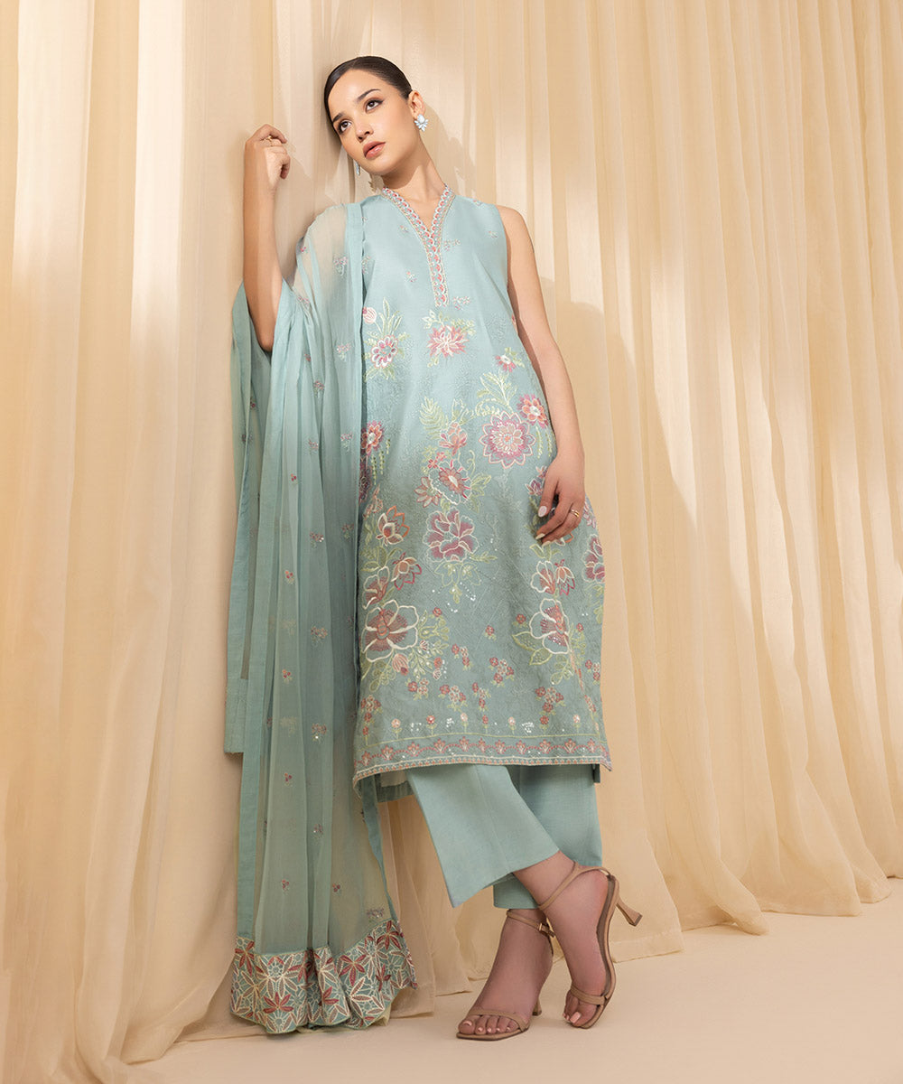 Women's Unstitched Embroidered Silk Cotton Net Blue 3 Piece Suit