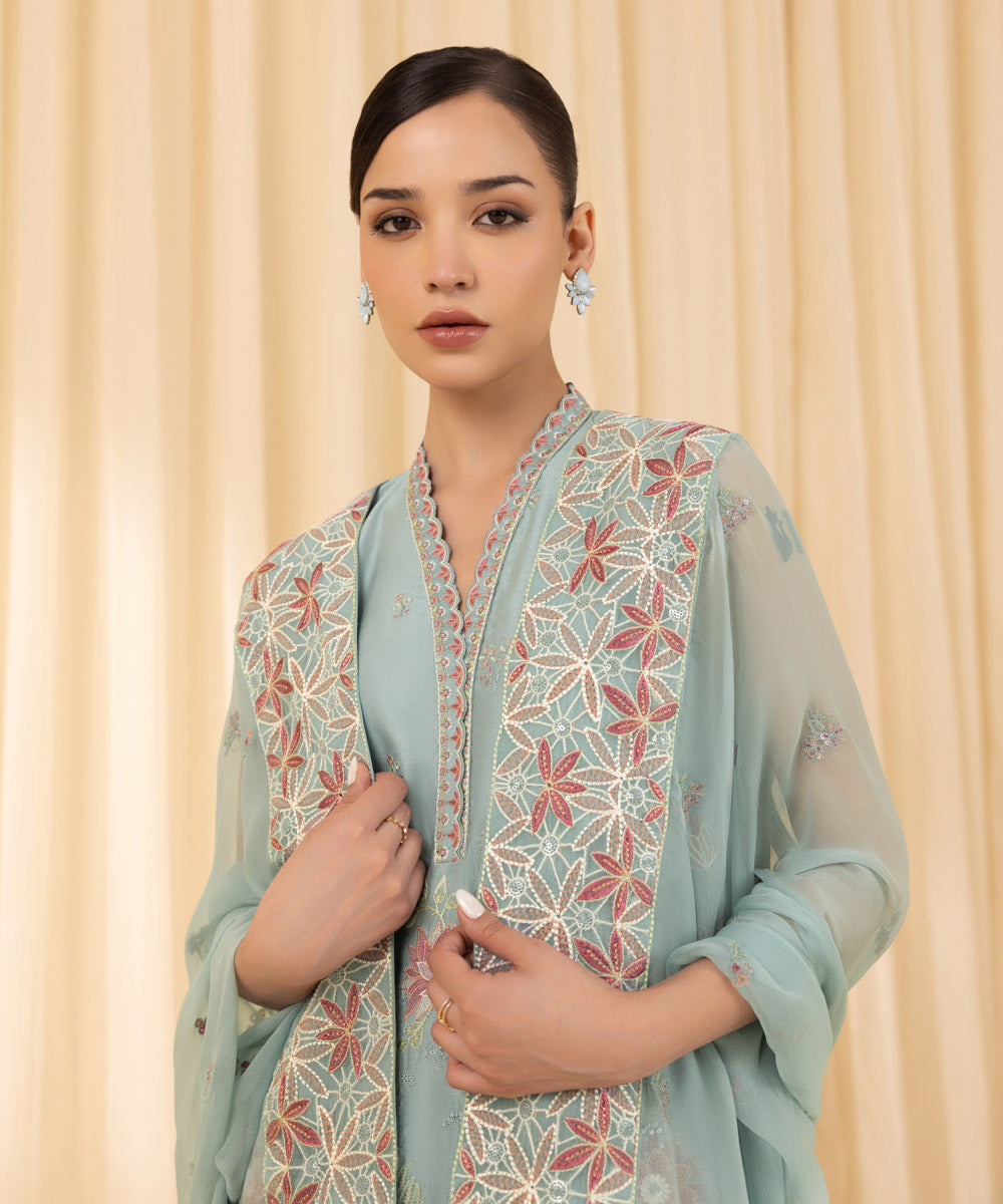 Women's Unstitched Embroidered Silk Cotton Net Blue 3 Piece Suit