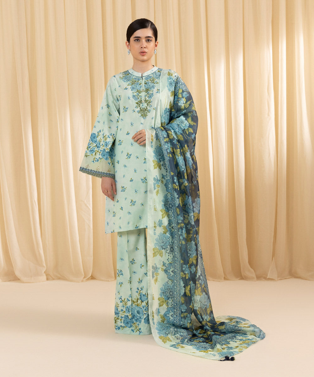 Women's Unstitched Embroidered Blended Grip Silk Blue 3 Piece Suit