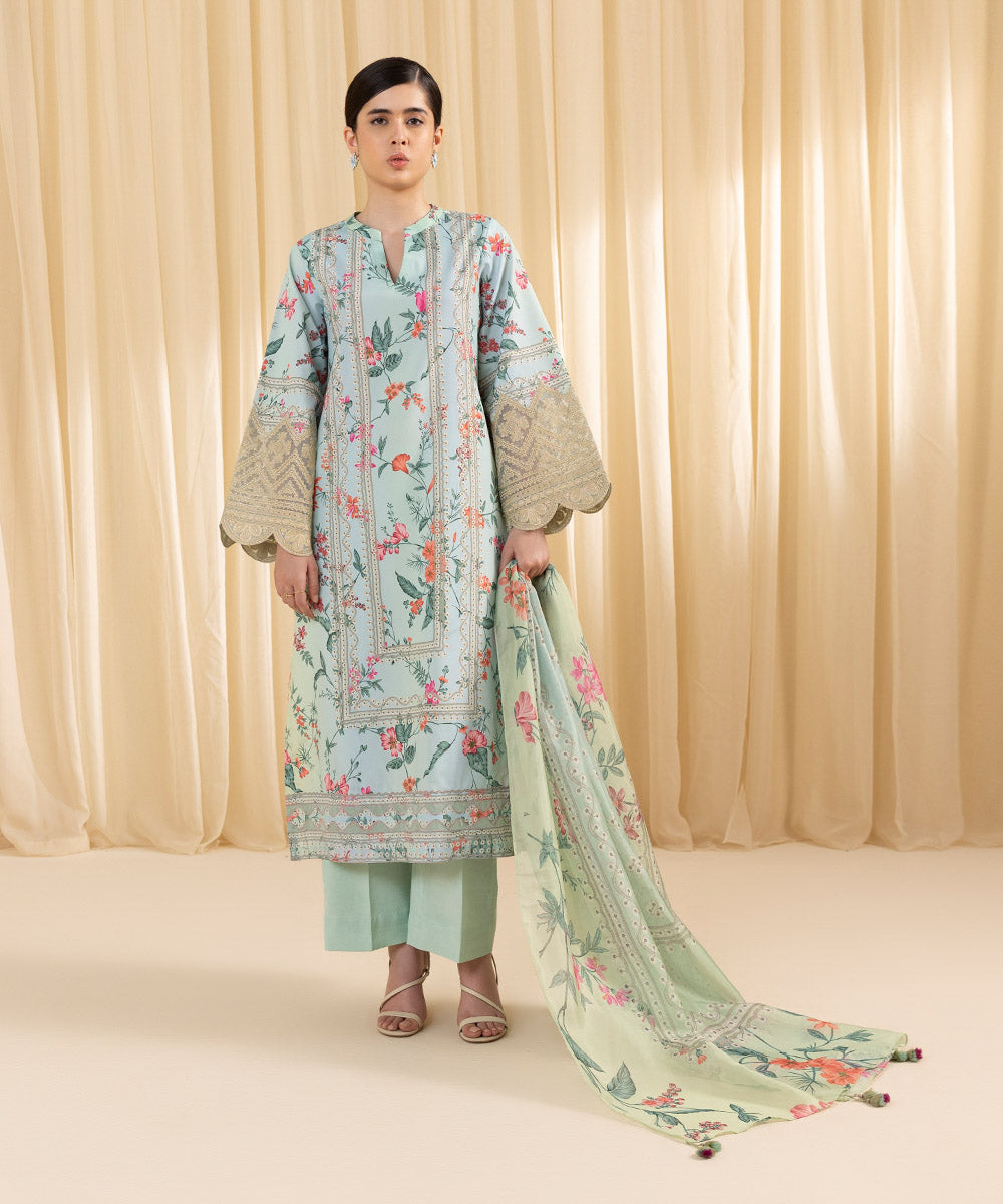 Women's Unstitched Embroidered Blended Grip Silk Blue 3 Piece Suit