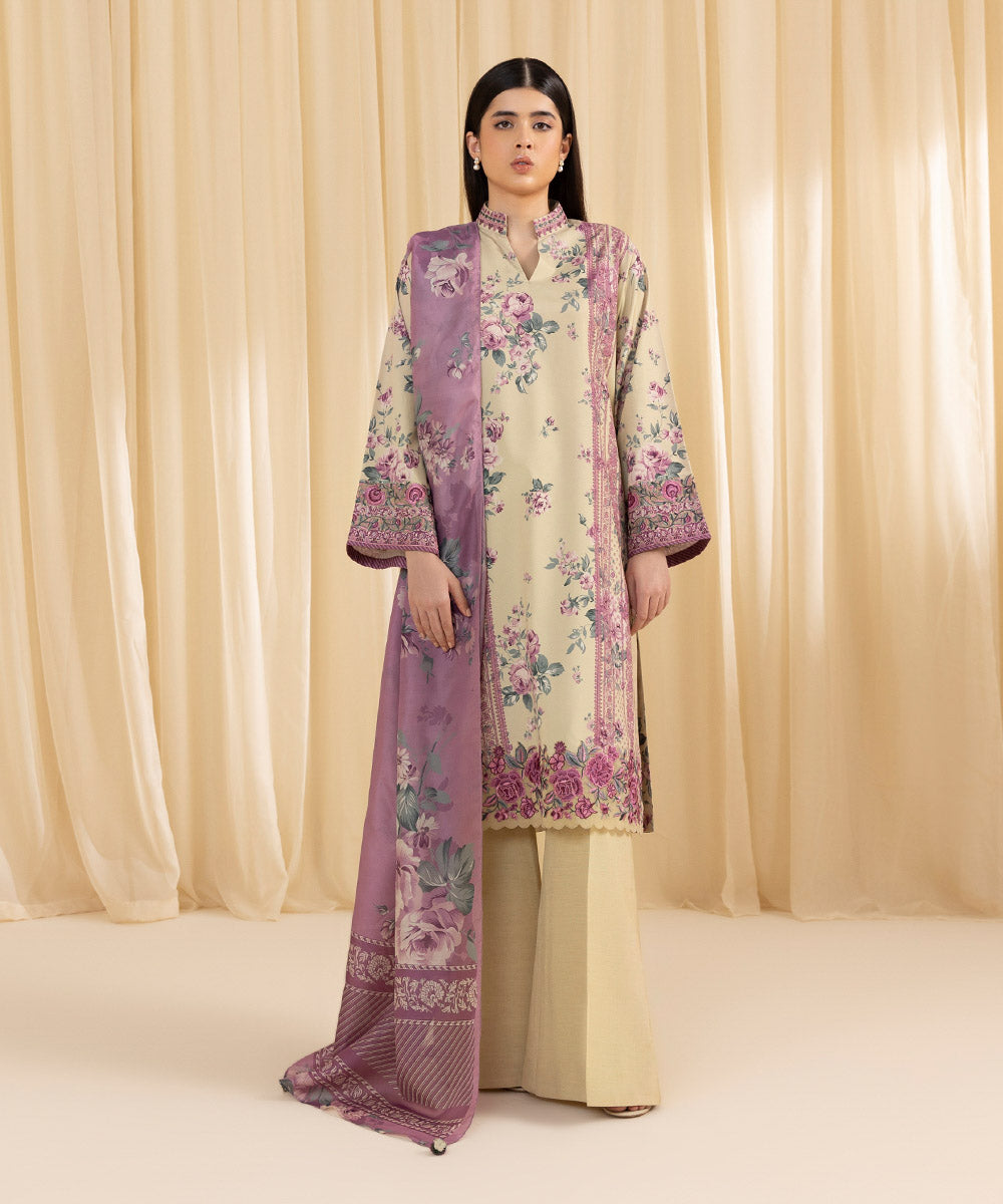 Women's Unstitched Embroidered Blended Grip Silk Beige 3 Piece Suit