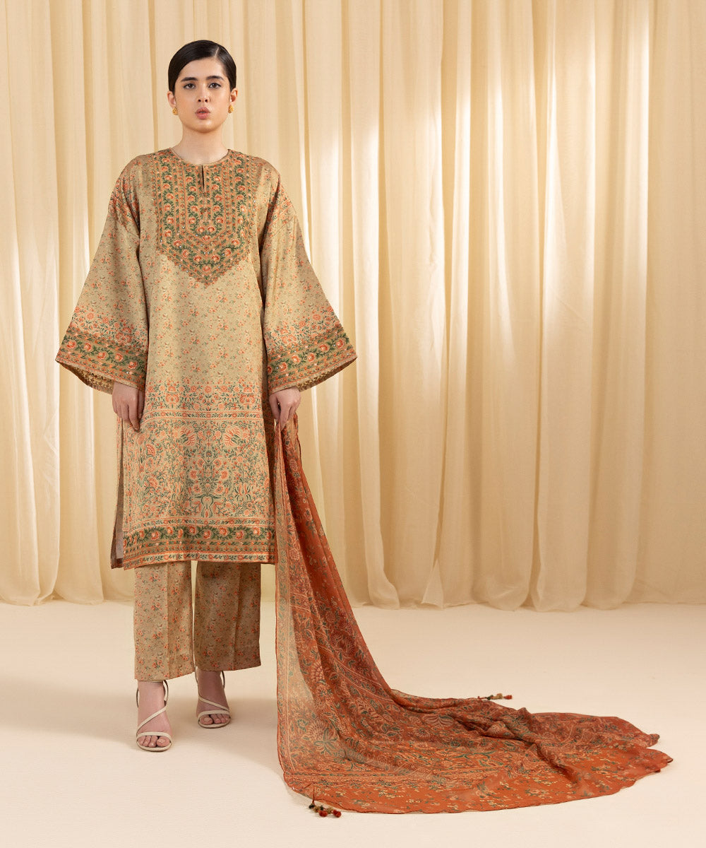 Women's Unstitched Embroidered Blended Satin Orange 3 Piece Suit