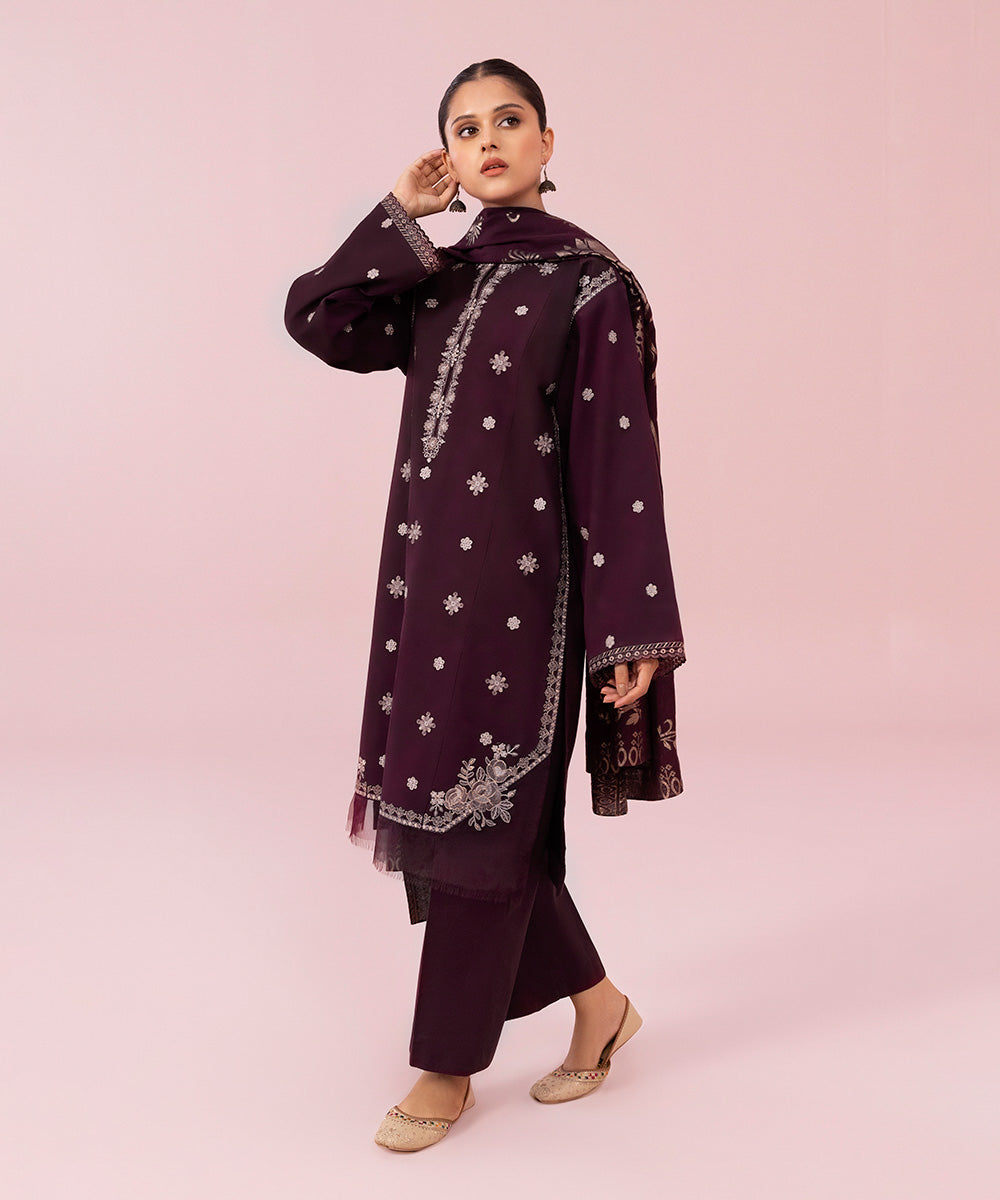 Women's Unstitched Embroidered Lawn Deep Burgundy 3 Piece Suit