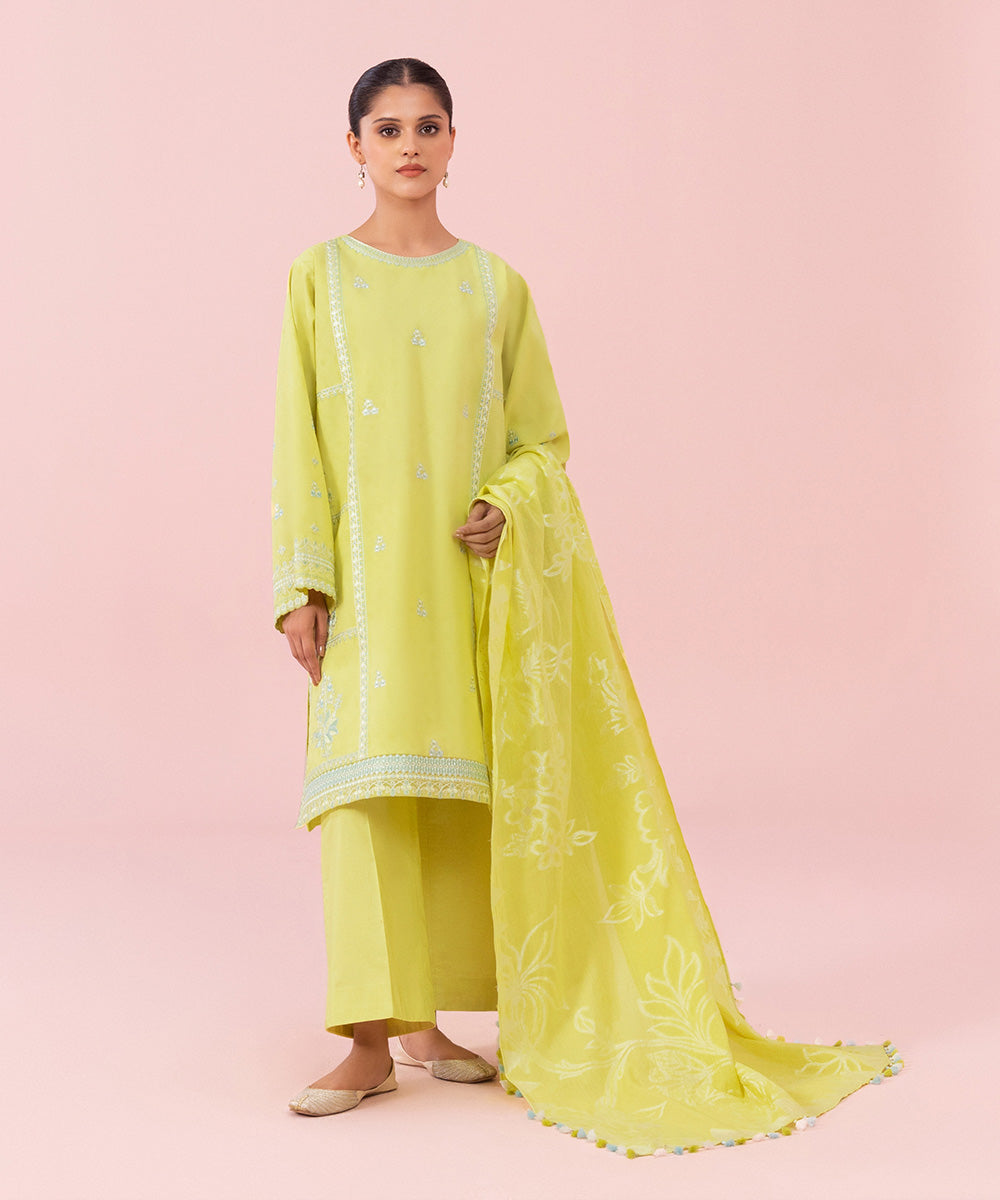 Women's Unstitched Embroidered Lawn Lime 3 Piece Suit