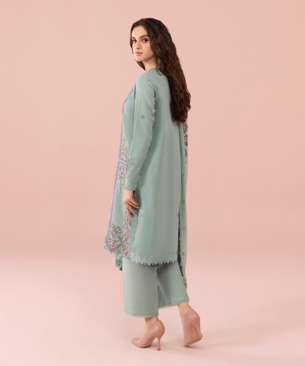 Women's Unstitched Embroidered Dobby Aqua 3 Piece Suit