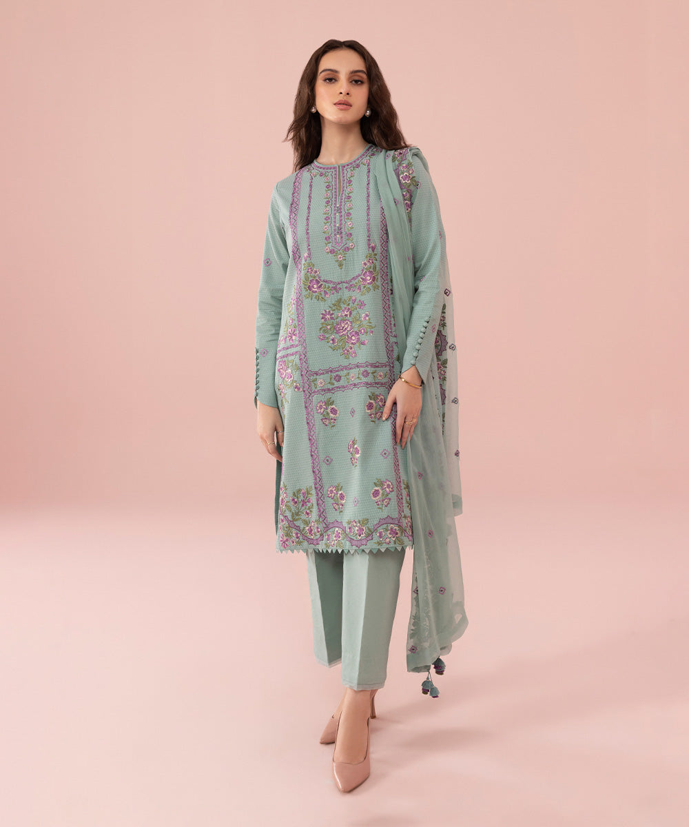 Women's Unstitched Embroidered Dobby Aqua 3 Piece Suit