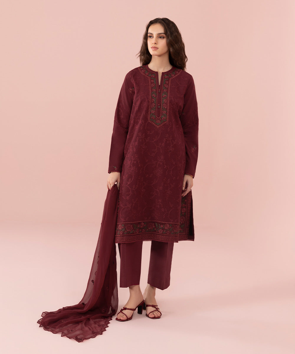 Women's Unstitched Embroidered Dobby Maroon 3 Piece Suit