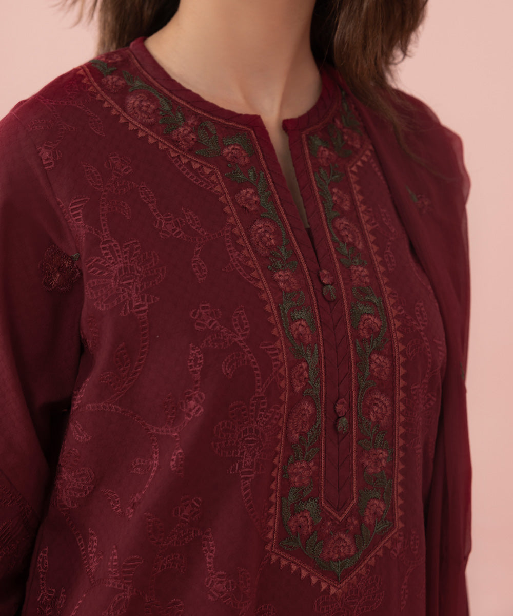 Women's Unstitched Embroidered Dobby Maroon 3 Piece Suit