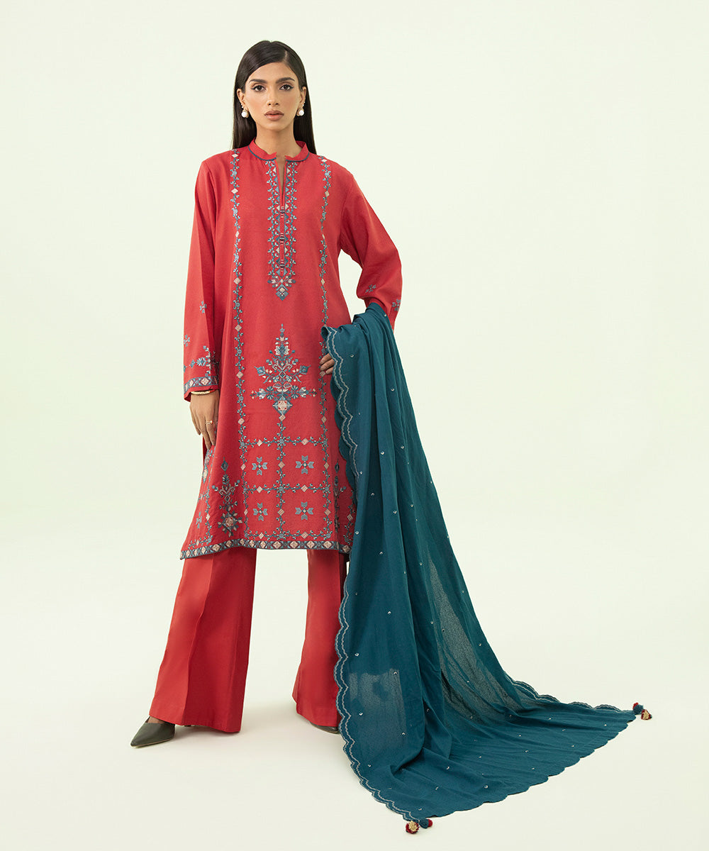 Women's Winter Unstitched Cotton Karandi Red 3 Piece Suit