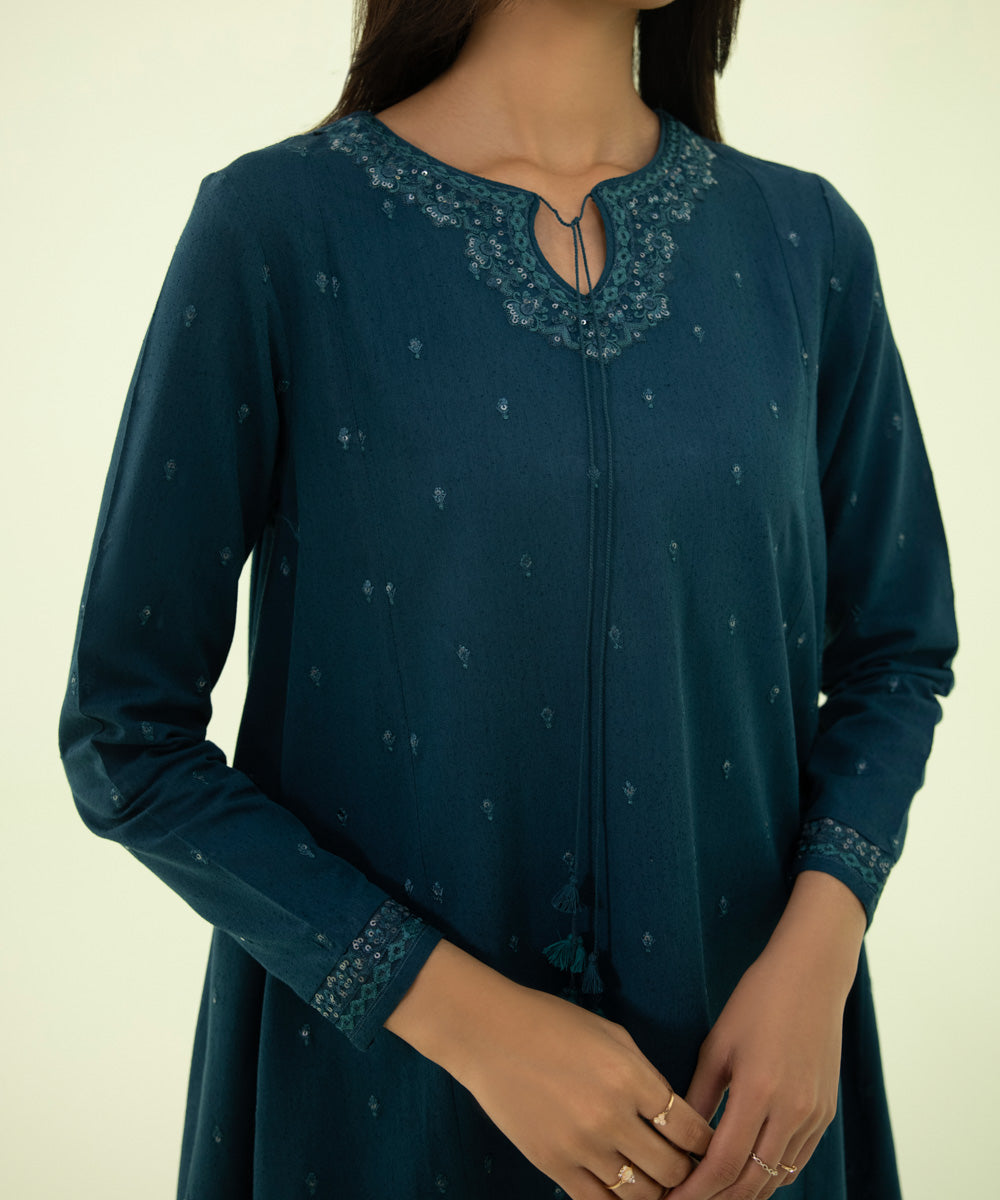 Women's Winter Unstitched Cotton Karandi Blue 3 Piece Suit
