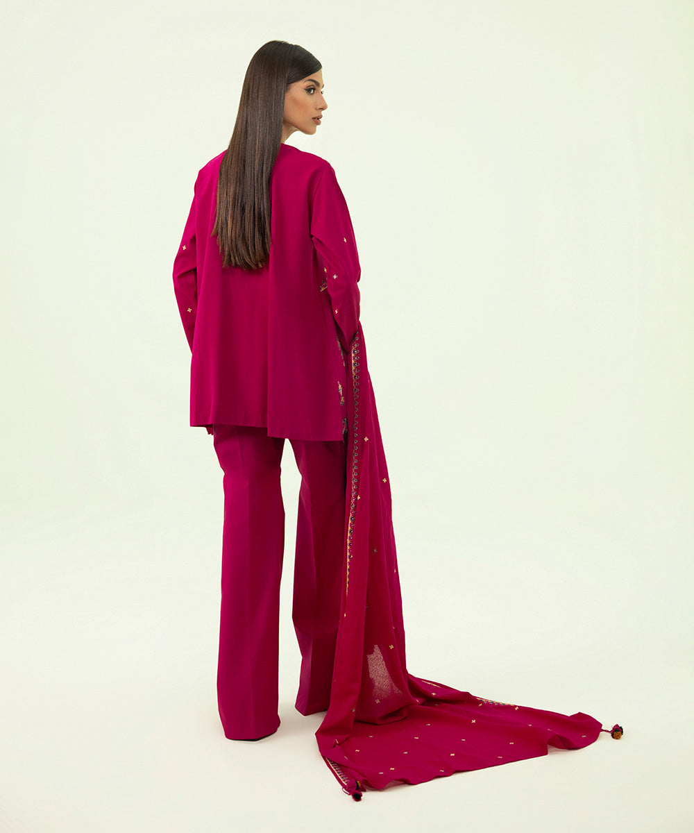 Women's Winter Unstitched Cotton Karandi Pink 3 Piece Suit