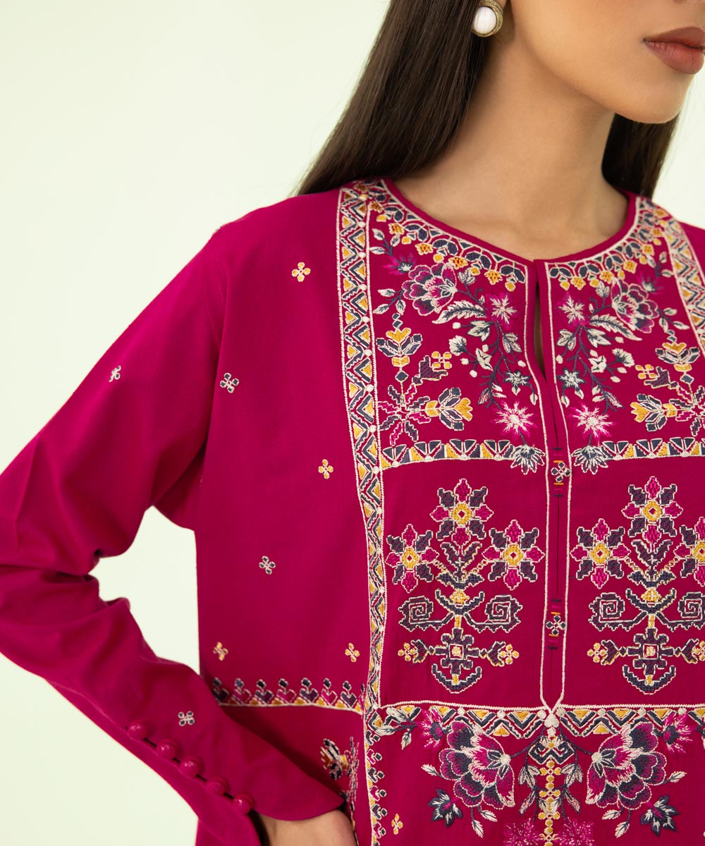 Women's Winter Unstitched Cotton Karandi Pink 3 Piece Suit