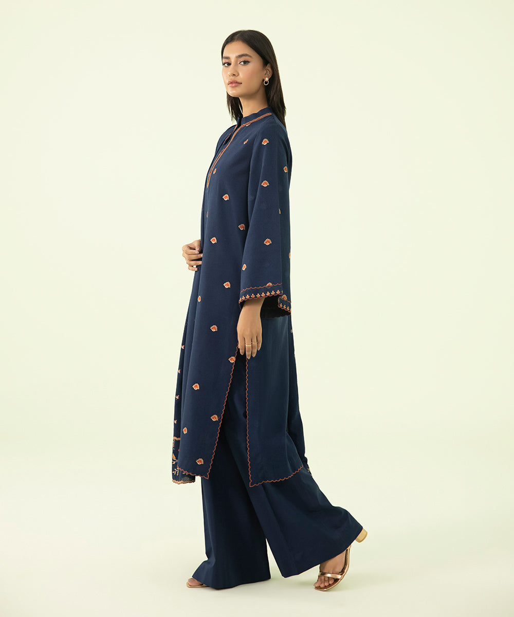 Women's Winter Unstitched Cotton Karandi Blue 3 Piece Suit