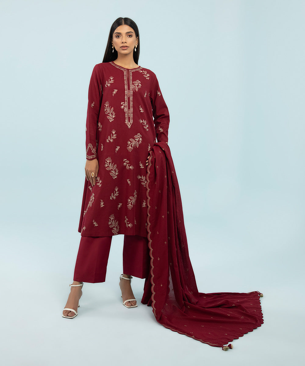 Women's Winter Unstitched Embroidered Cotton Karandi Red 3 Piece Suit