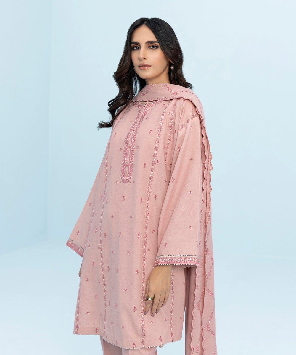 Women's Winter Unstitched Embroidered Cotton Karandi Pink 3 Piece Suit