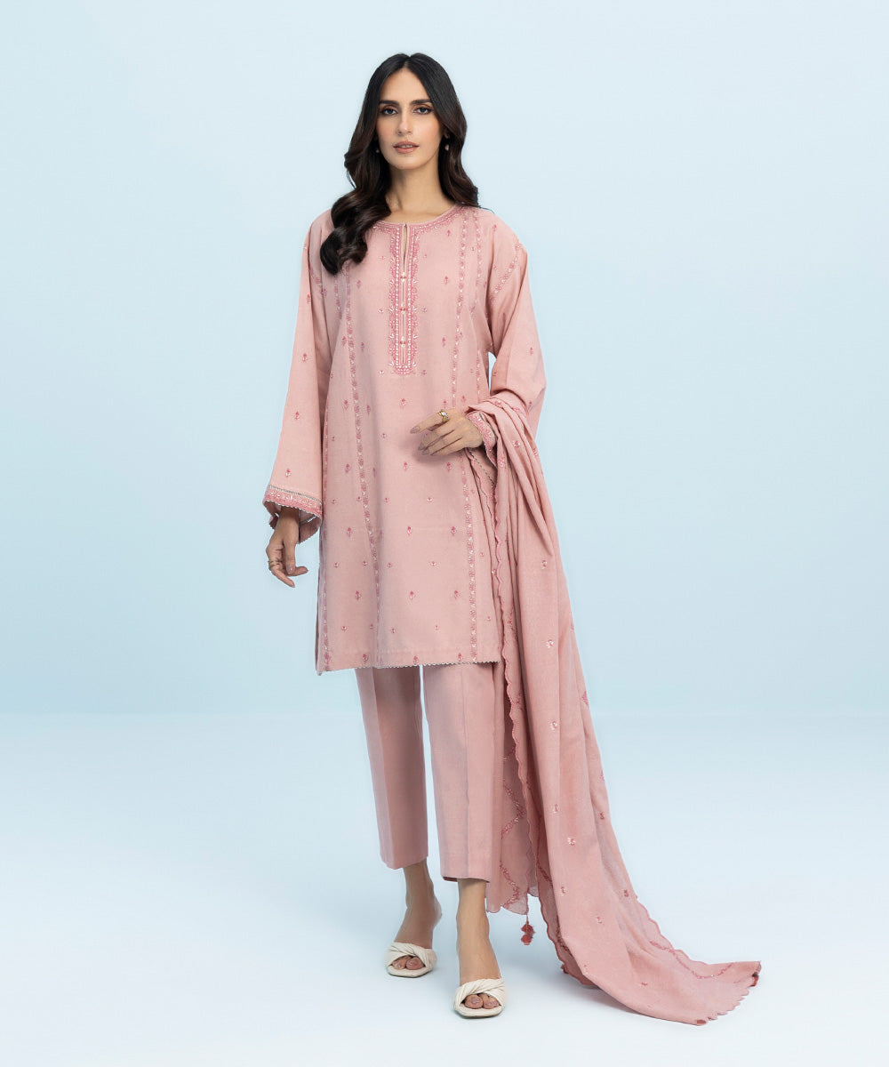 Women's Winter Unstitched Embroidered Cotton Karandi Pink 3 Piece Suit