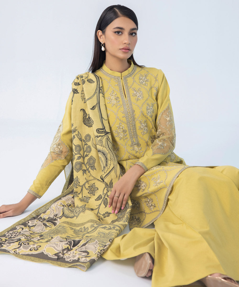 Women's Winter Unstitched Embroidered Cotton Karandi Yellow 3 Piece Suit