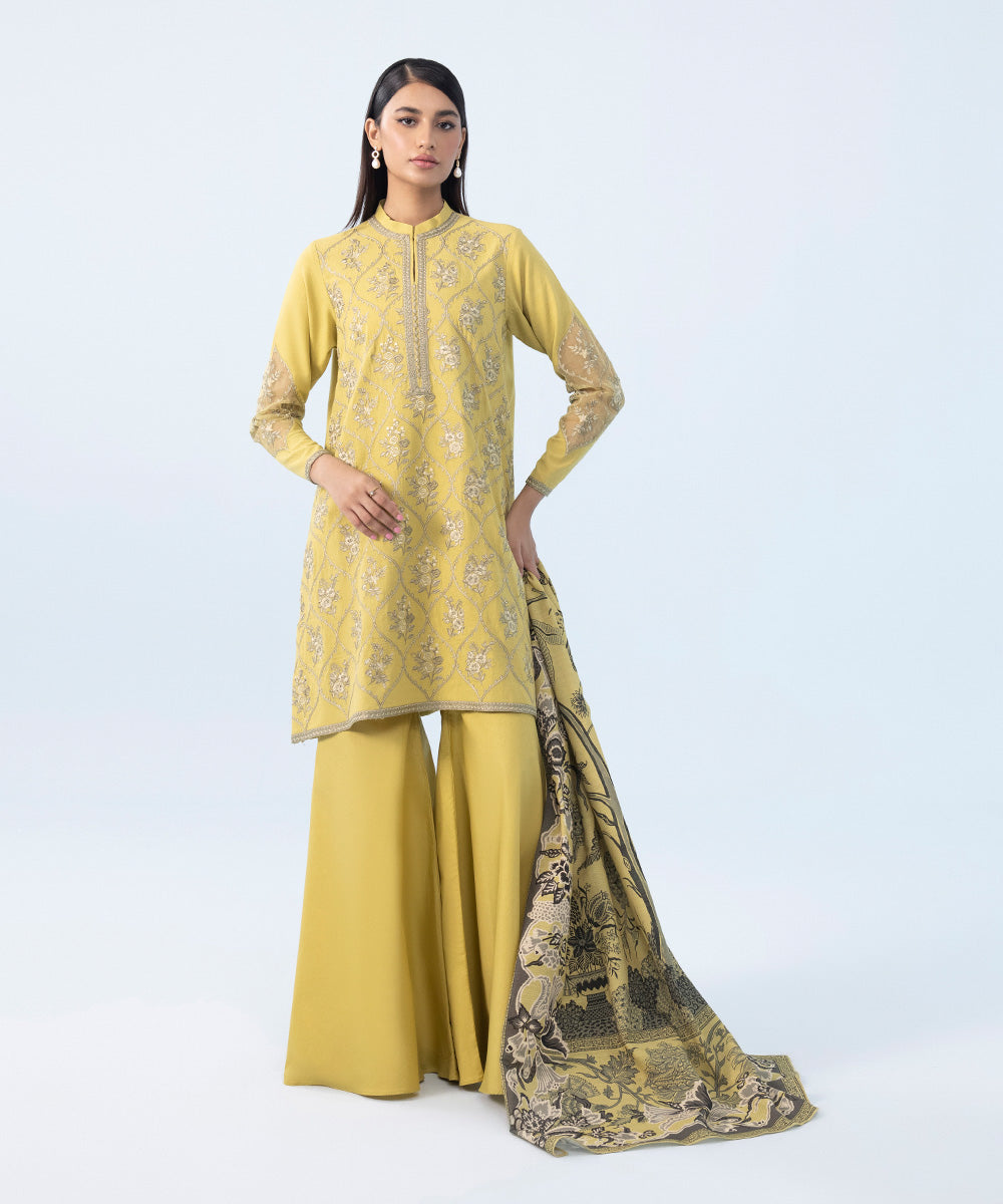 Women's Winter Unstitched Embroidered Cotton Karandi Yellow 3 Piece Suit