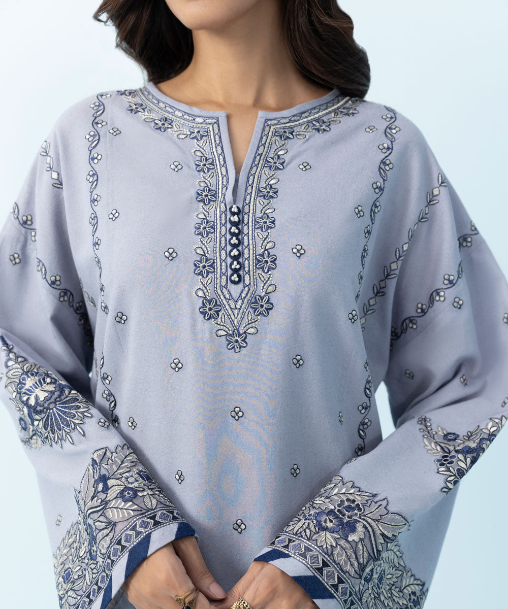 Women's Winter Unstitched Embroidered Cotton Karandi Blue 3 Piece Suit