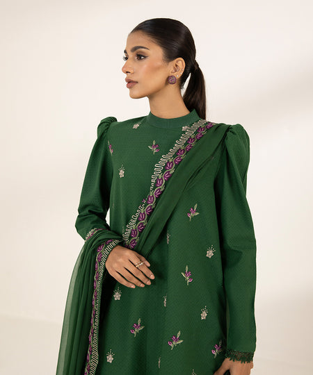 Women's Unstitched Dobby Embroidered Green 3 Piece Suit