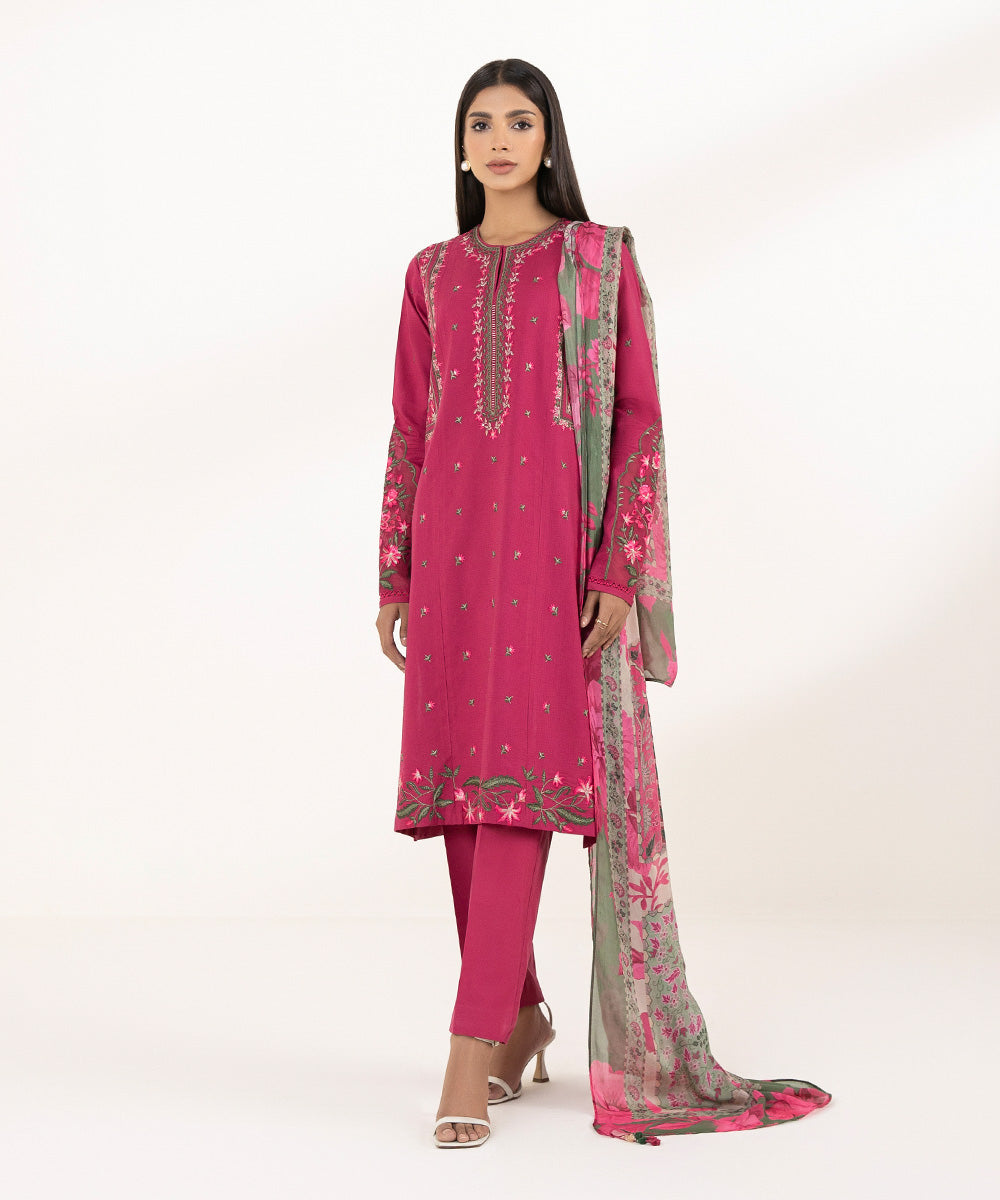 Women's Unstitched Dobby Embroidered Pink 3 Piece Suit