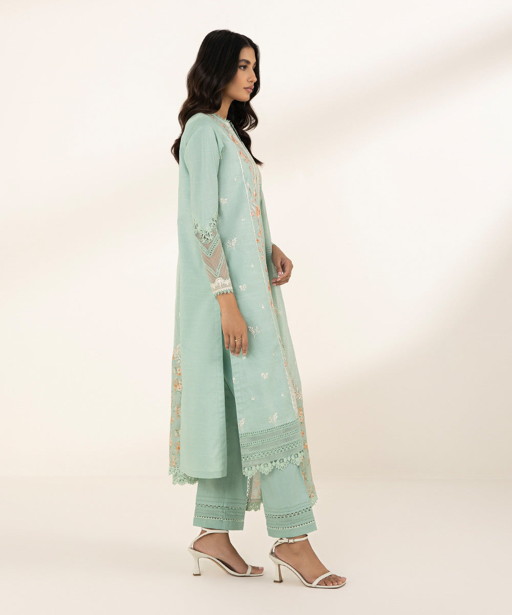 Women's Unstitched Lawn Embroidered Blue 3 Piece Suit