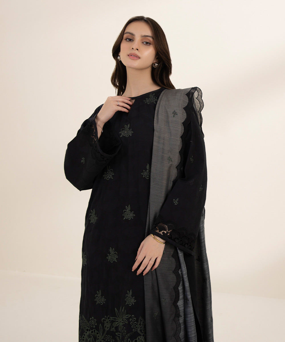 Women's Unstitched Cotton Jacquard Embroidered Black 3 Piece Suit