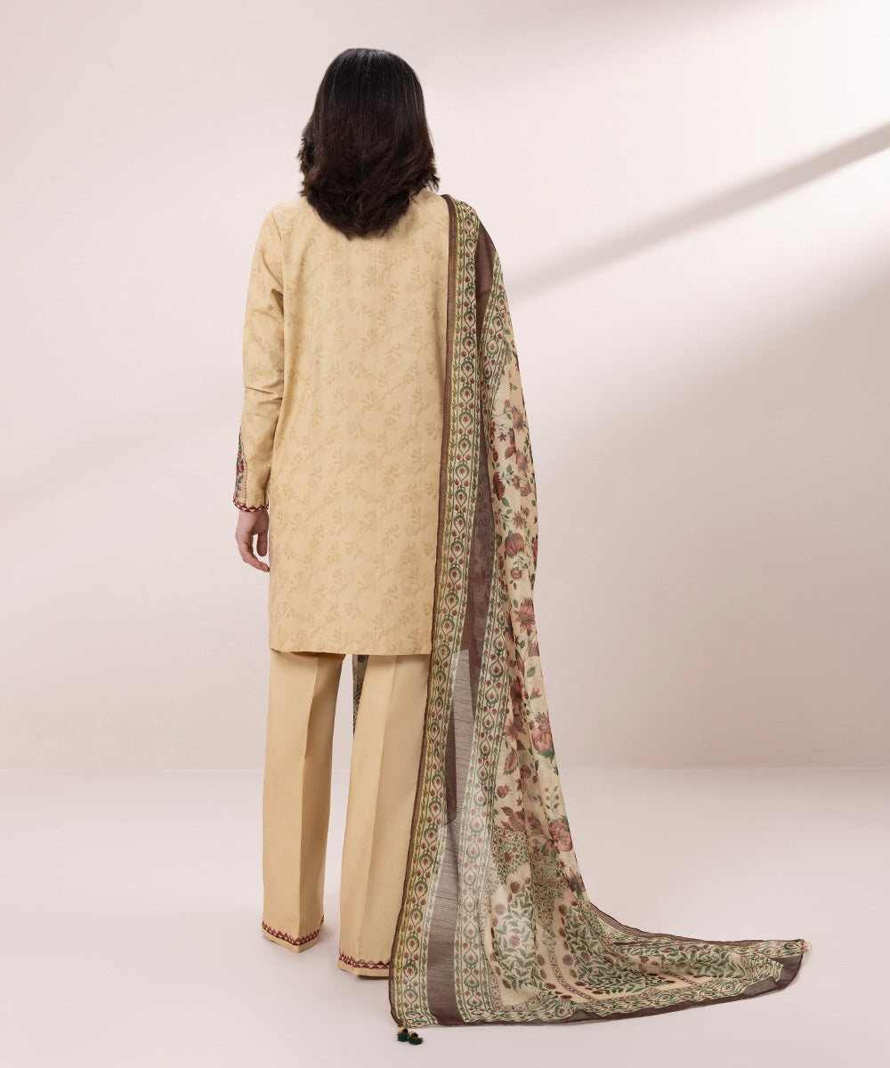 Women's Unstitched Cotton Jacquard Embroidered Beige 3 Piece Suit