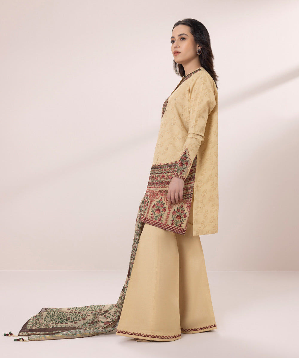 Women's Unstitched Cotton Jacquard Embroidered Beige 3 Piece Suit