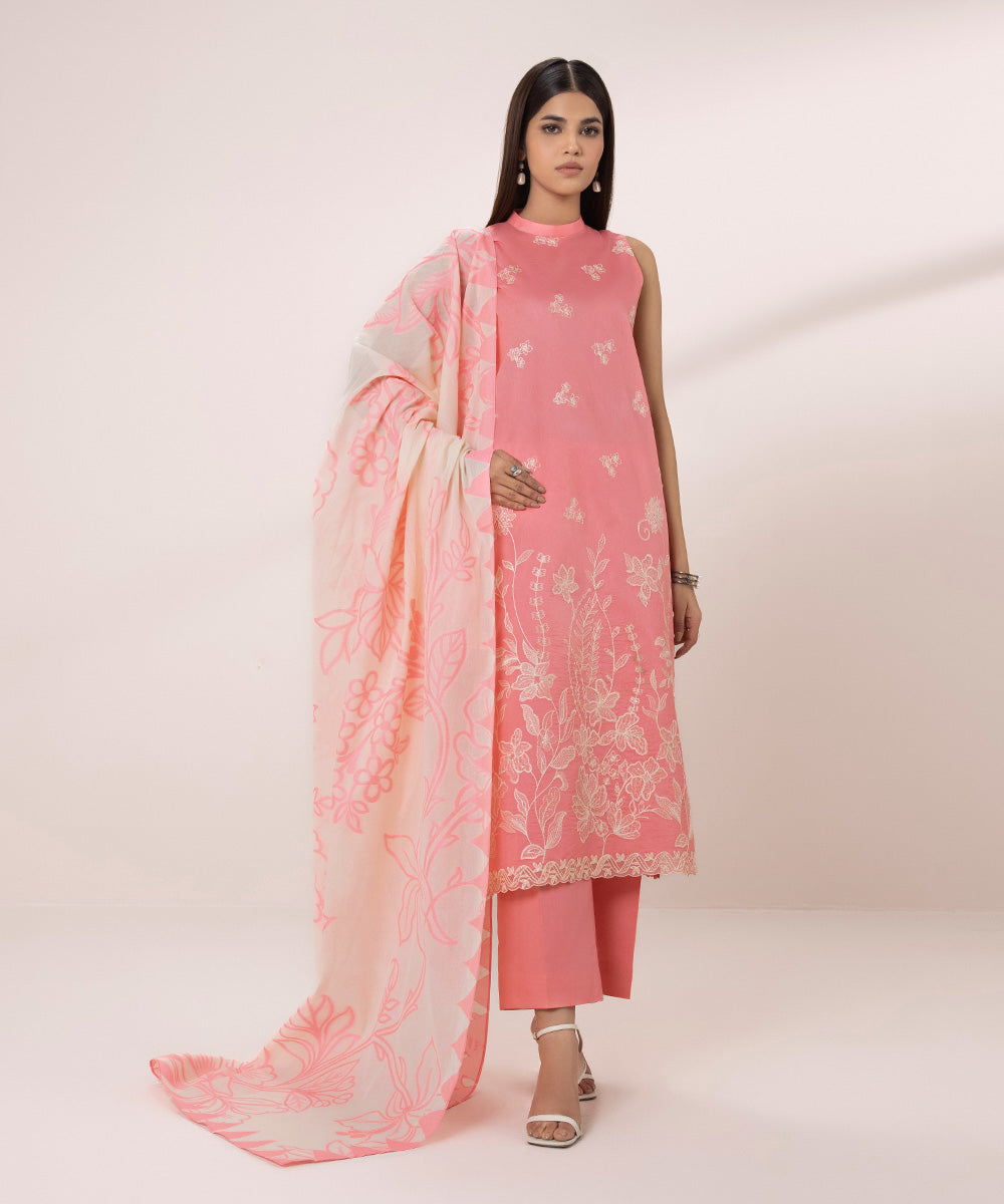 Women's Unstitched Cambric Embroidered Pink 3 Piece Suit