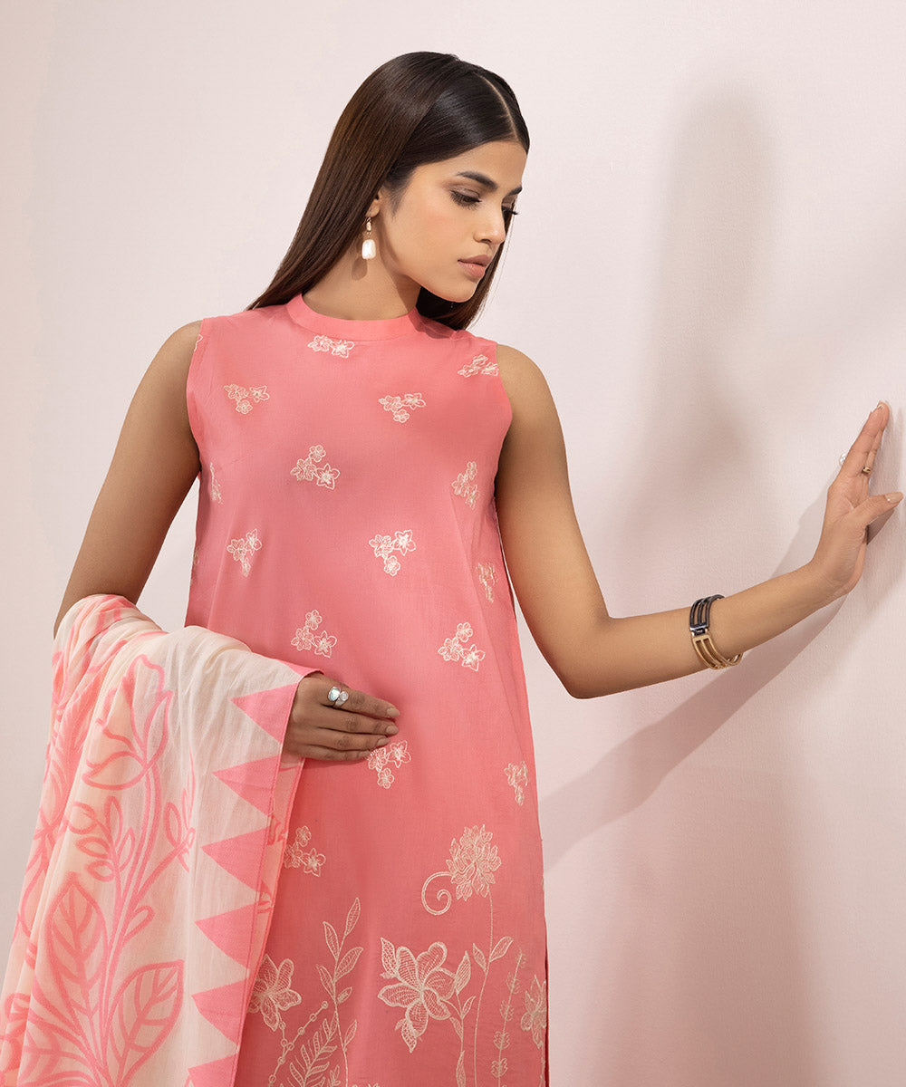 Women's Unstitched Cambric Embroidered Pink 3 Piece Suit