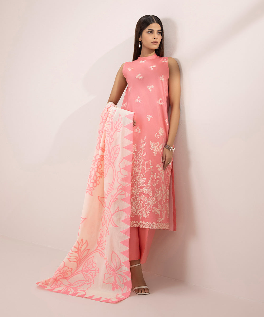 Women's Unstitched Cambric Embroidered Pink 3 Piece Suit